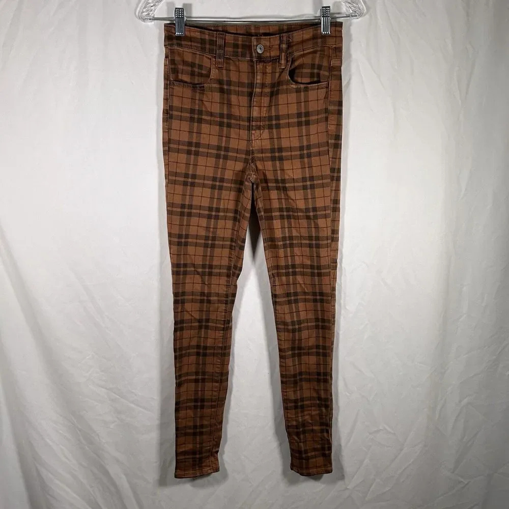American Eagle Jeggings Women's 2 Brown Plaid Next Level Stretch Mid Rise